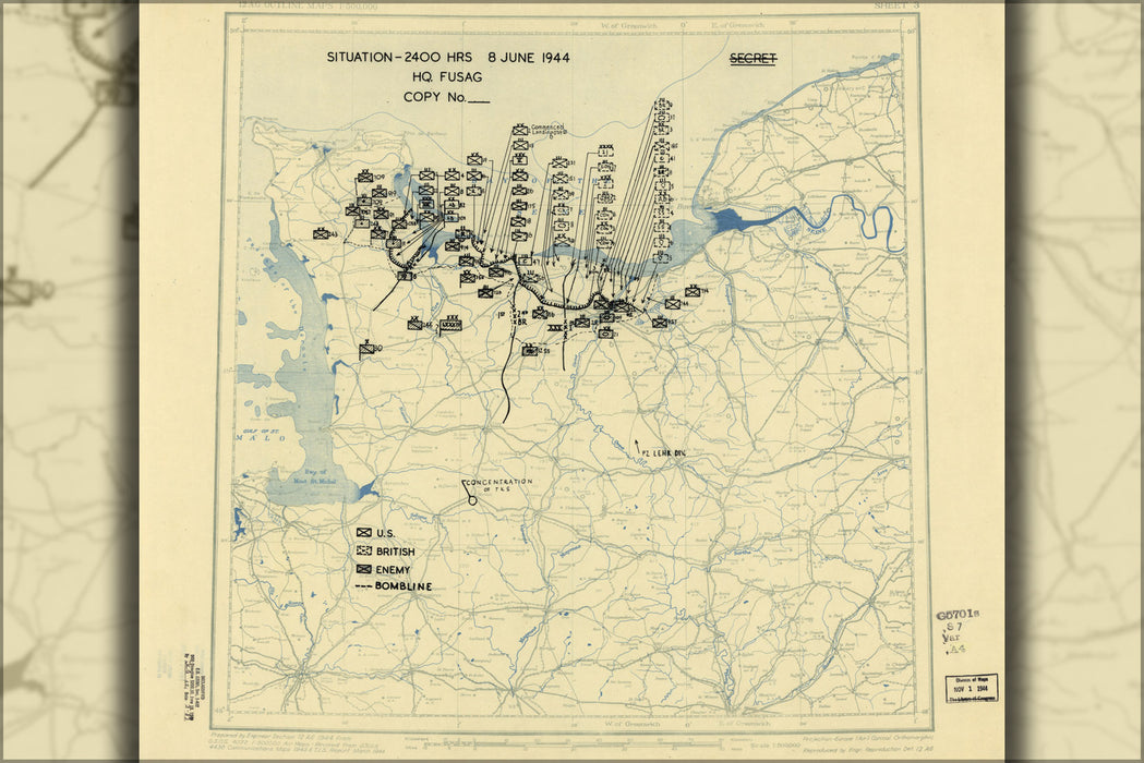 24"x36" Gallery Poster, map June 8, 1944 normandy invasion