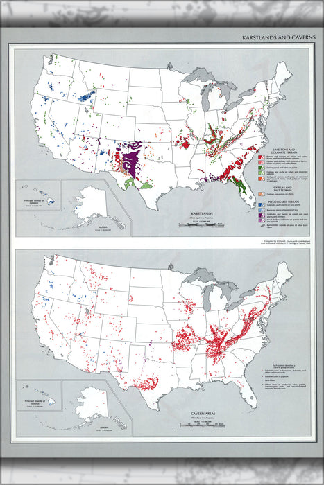 24"x36" Gallery Poster, map Karstlands Caverns caves united states 1970