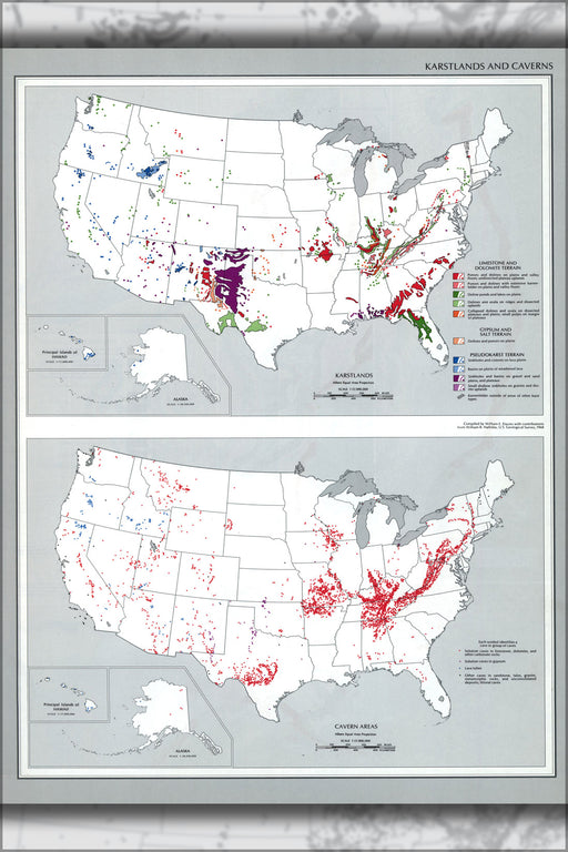 24"x36" Gallery Poster, map Karstlands Caverns caves united states 1970
