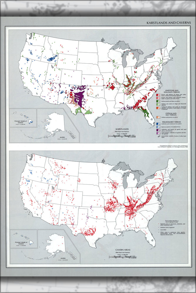 24"x36" Gallery Poster, map Karstlands Caverns caves united states 1970