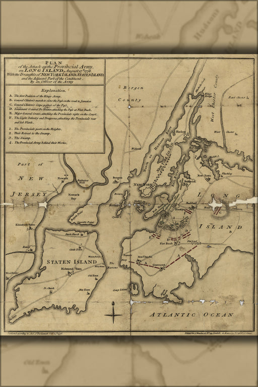 24"x36" Gallery Poster, map Long Island attack, new york city Aug 27 1776