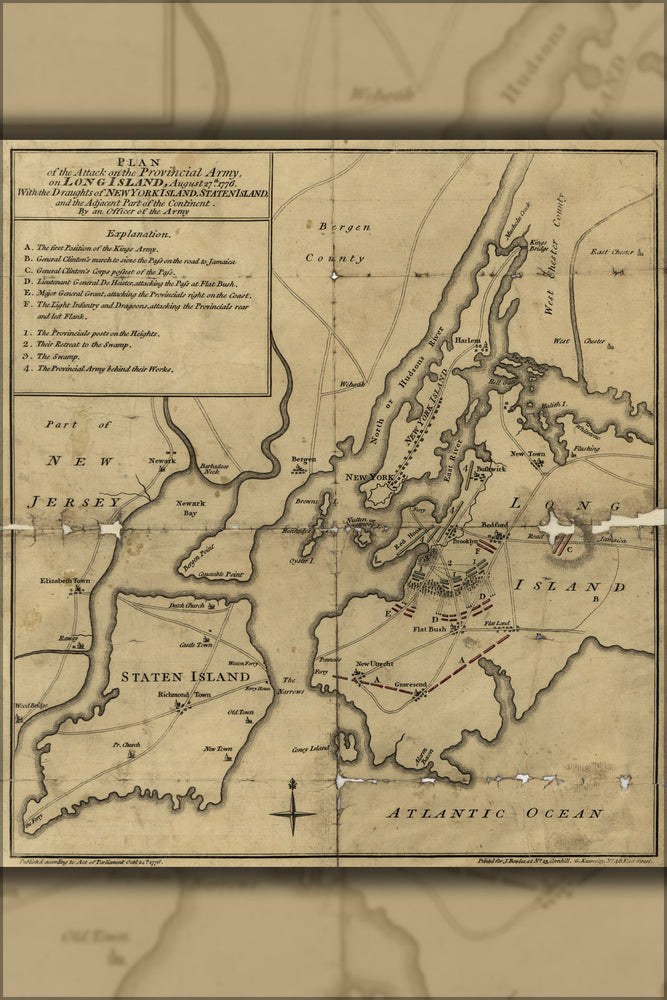 24"x36" Gallery Poster, map Long Island attack, new york city Aug 27 1776