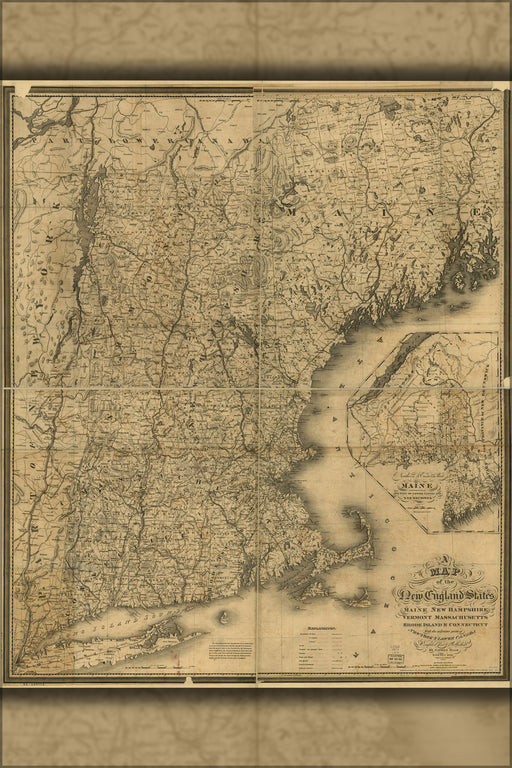 24"x36" Gallery Poster, map Maine New Hampshire Vermont Connecticut 1849