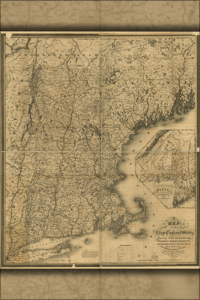 24"x36" Gallery Poster, map Maine New Hampshire Vermont Connecticut 1849