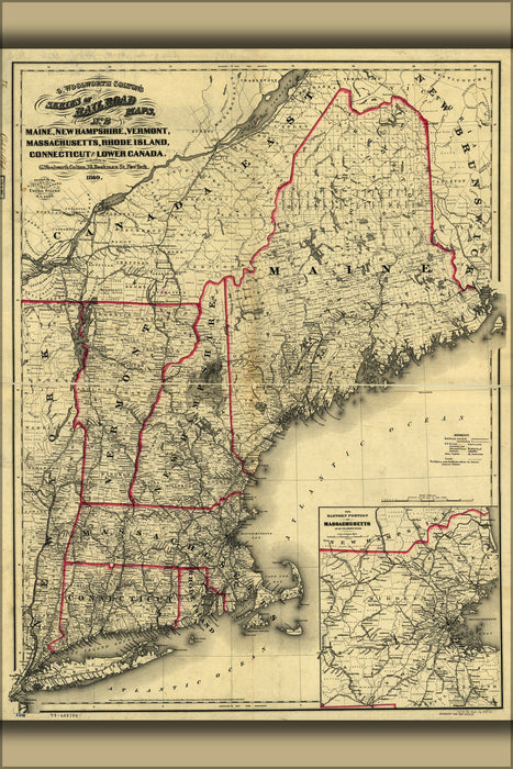 24"x36" Gallery Poster, map Maine Vermont Massachusetts Connecticut 1860
