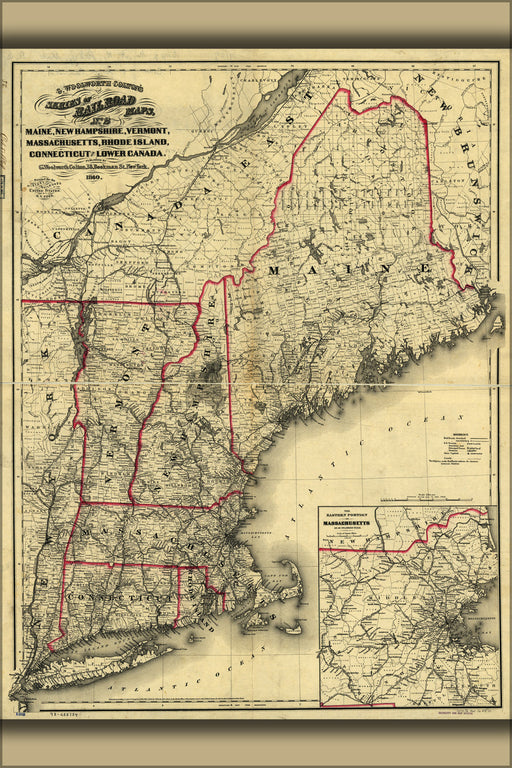24"x36" Gallery Poster, map Maine Vermont Massachusetts Connecticut 1860