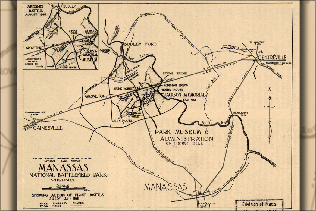 24"x36" Gallery Poster, map Manassas National Battle field Park, Virginia