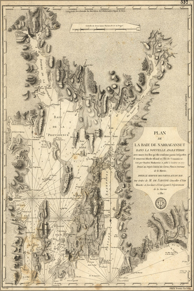 24"x36" Gallery Poster, map Narragansett Bay rhode island 1780 in french