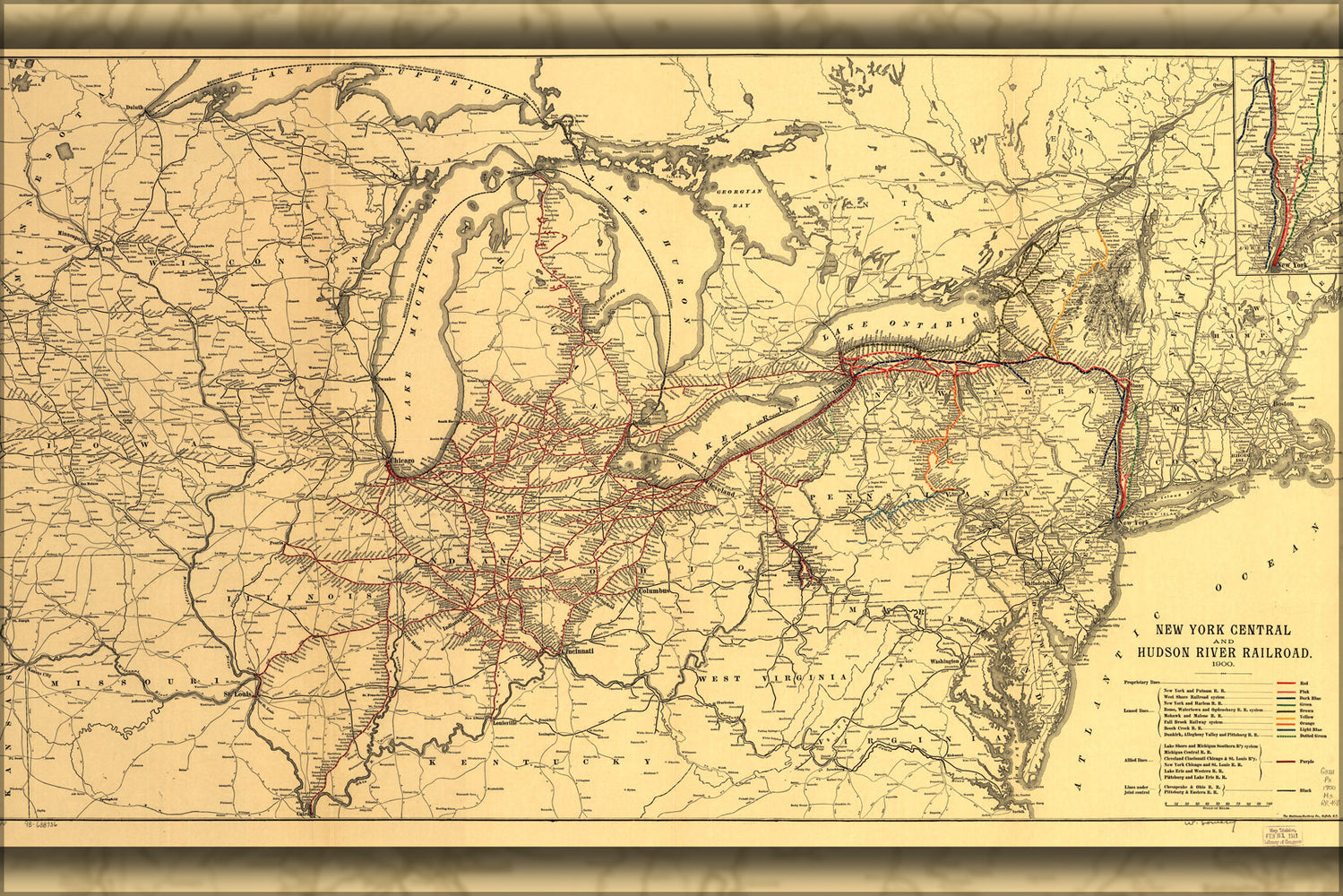 24"x36" Gallery Poster, map New York Central Hudson River Railroad 1900