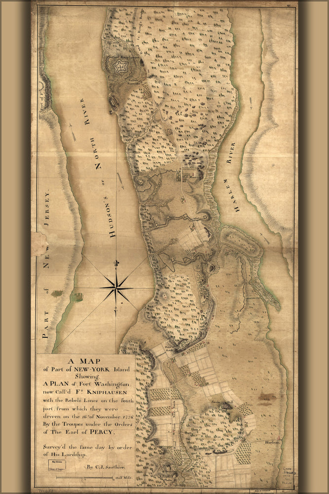 24"x36" Gallery Poster, map New York Island manhattan Ft Washington 1776