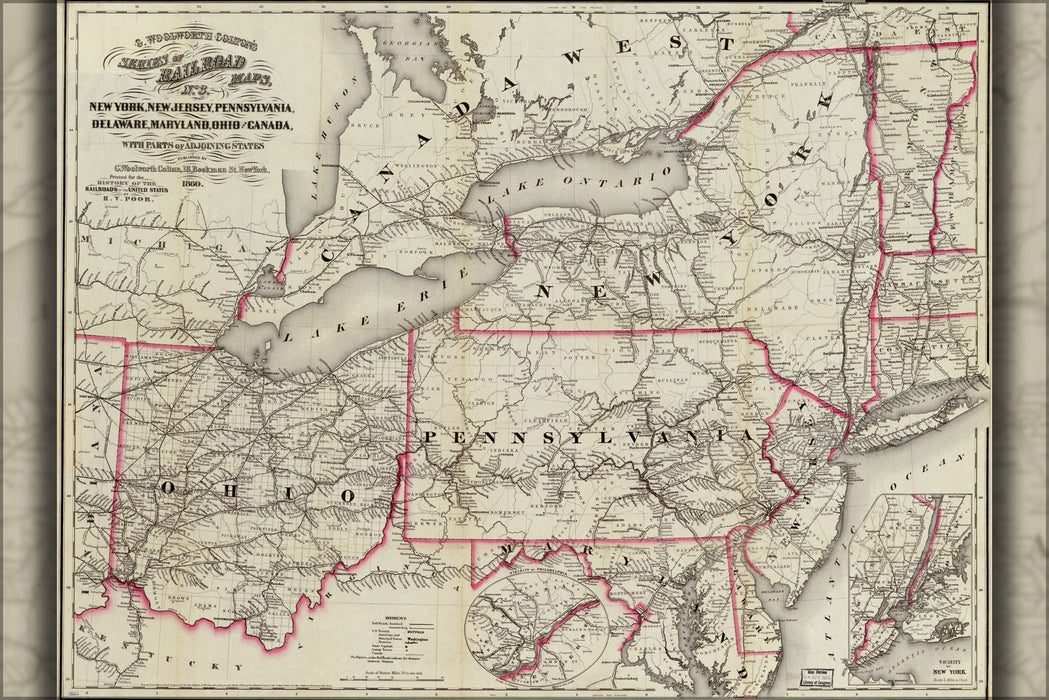24"x36" Gallery Poster, map New York Jersey Pennsylvania Delaware 1860