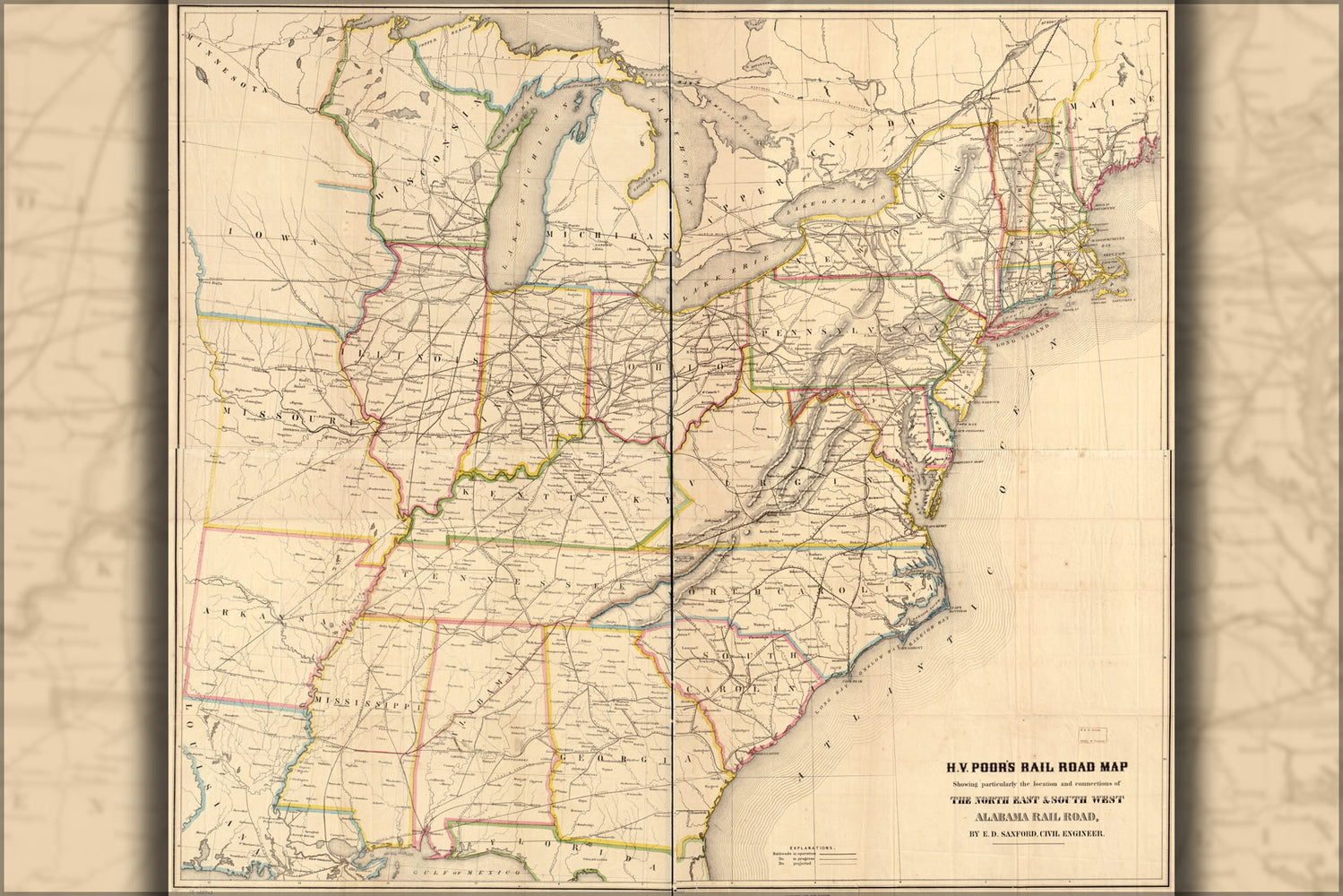 24"x36" Gallery Poster, map Northeast & Southwest Alabama RailRoad, 1854