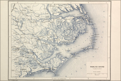 24"x36" Gallery Poster, map Pamlico Sound north carolina 1890 in french