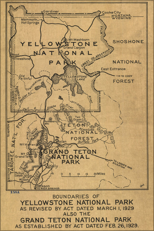 24"x36" Gallery Poster, map Yellowstone & grand teton National Park 1929