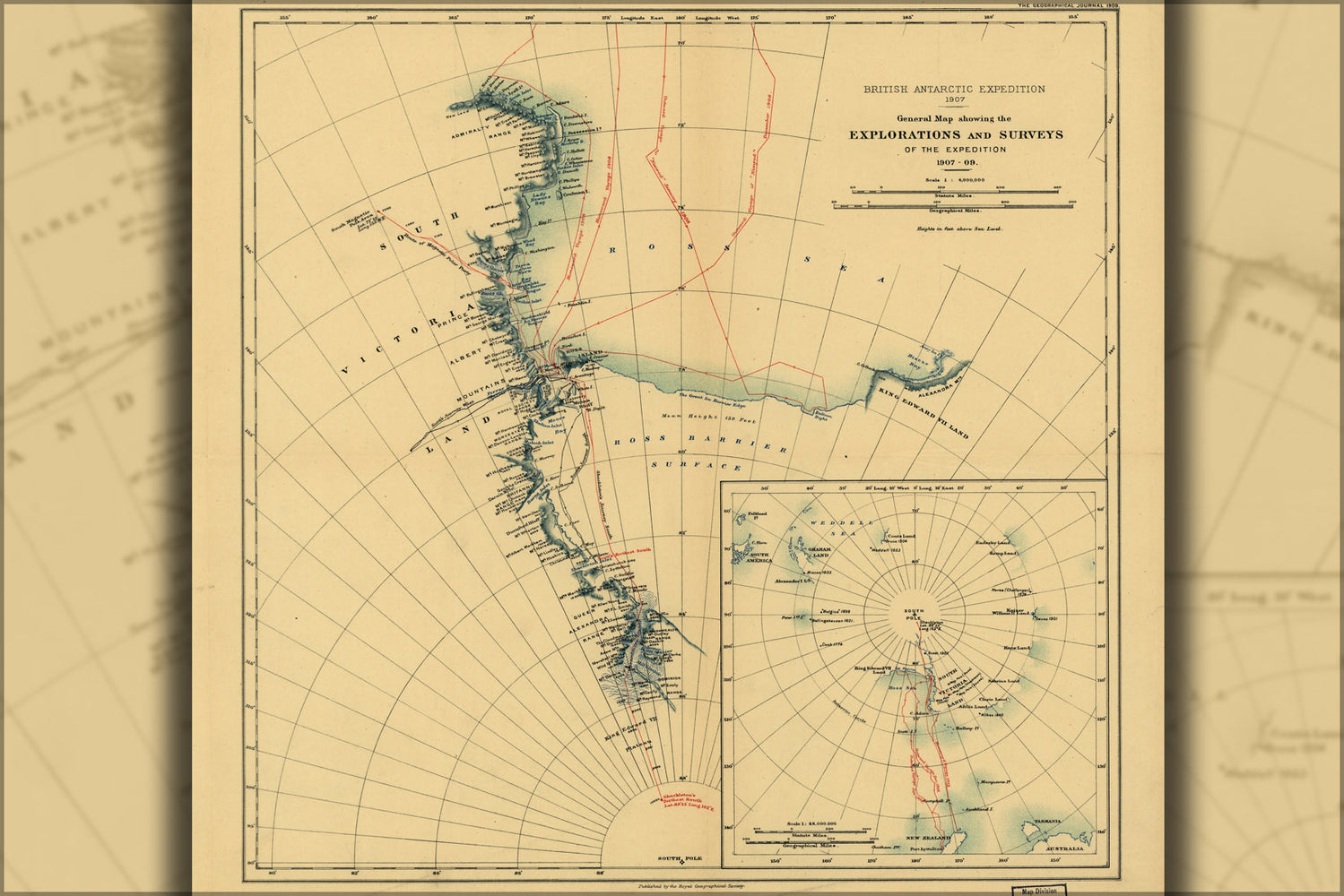 24"x36" Gallery Poster, map antarctica expedition 1907 ernest shackleton