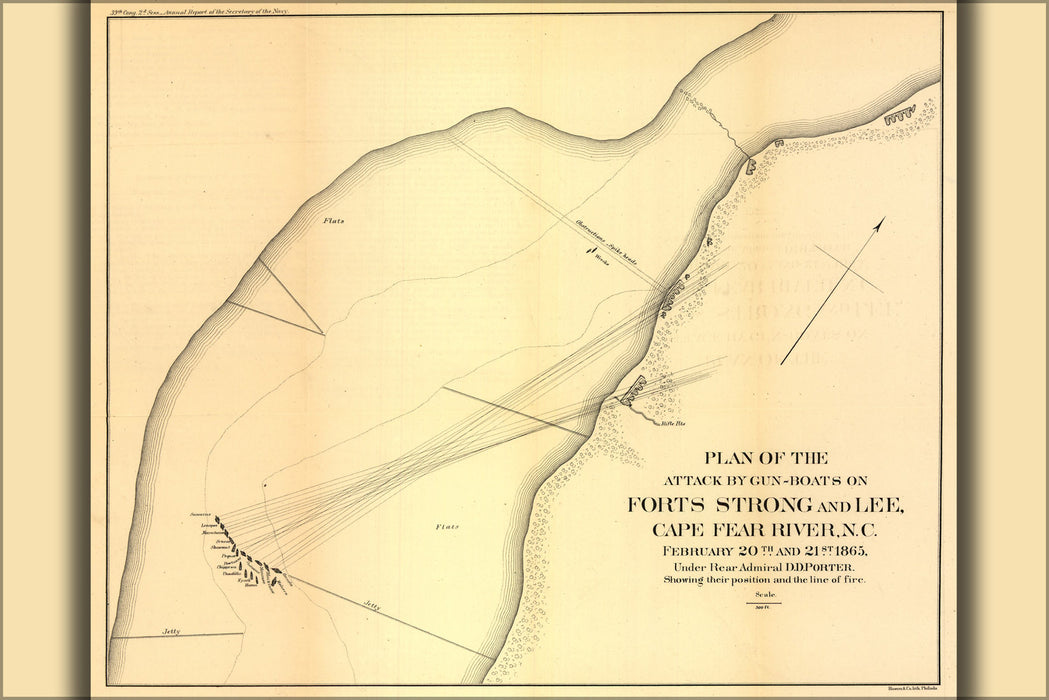 24"x36" Gallery Poster, map attack on Fort Strong Lee north carolina 1865