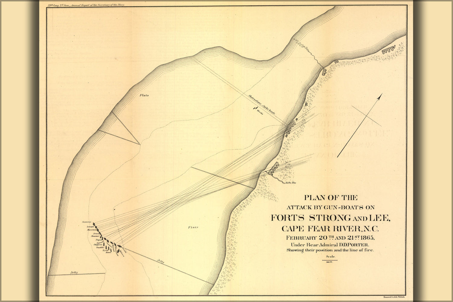 24"x36" Gallery Poster, map attack on Fort Strong Lee north carolina 1865