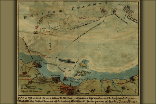 24"x36" Gallery Poster, map battle Keasarge vs rebel cruiser Alabama 1864