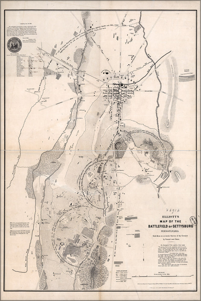 24"x36" Gallery Poster, map battle field of Gettysburg, Pennsylvania 1864