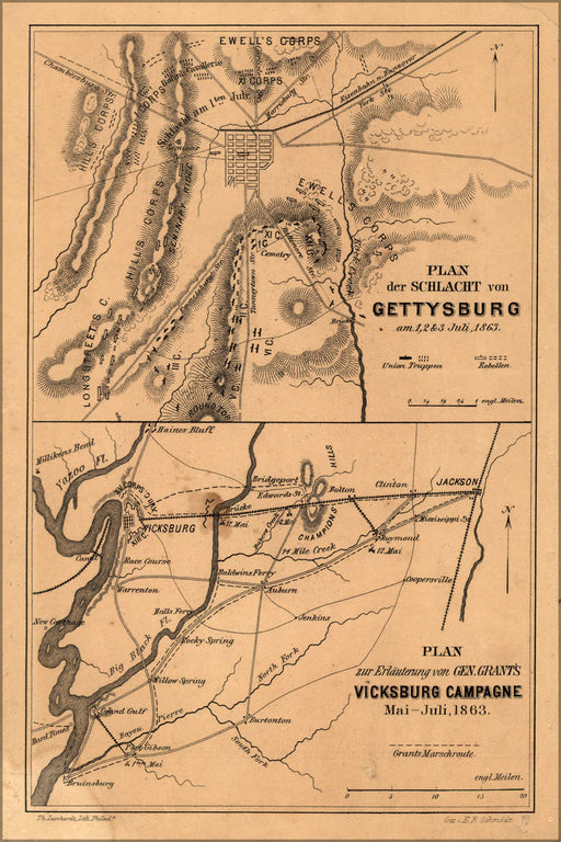 24"x36" Gallery Poster, map battle of gettysburg, vicksburg 1863 in dutch