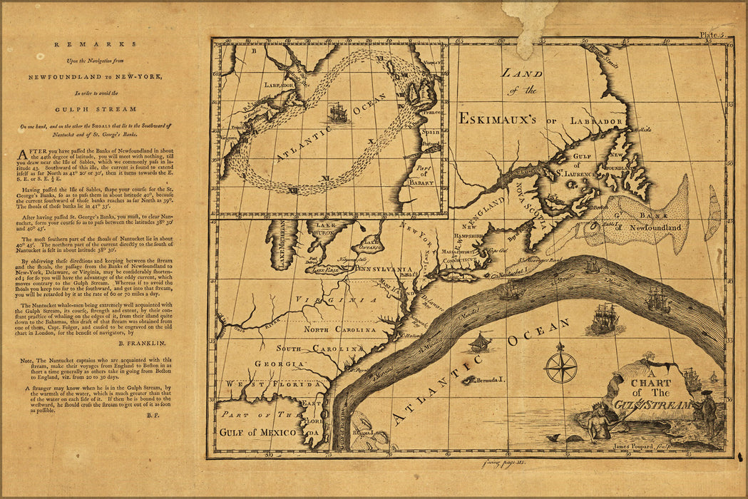 24"x36" Gallery Poster, map chart of the Gulf Stream 1786