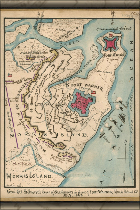 24"x36" Gallery Poster, map earthworks Morris Island South carolina 1863