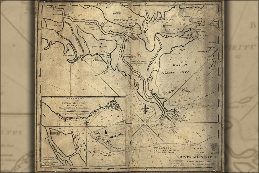 24"x36" Gallery Poster, map entrance river Missisippi at Fort Balise 1770