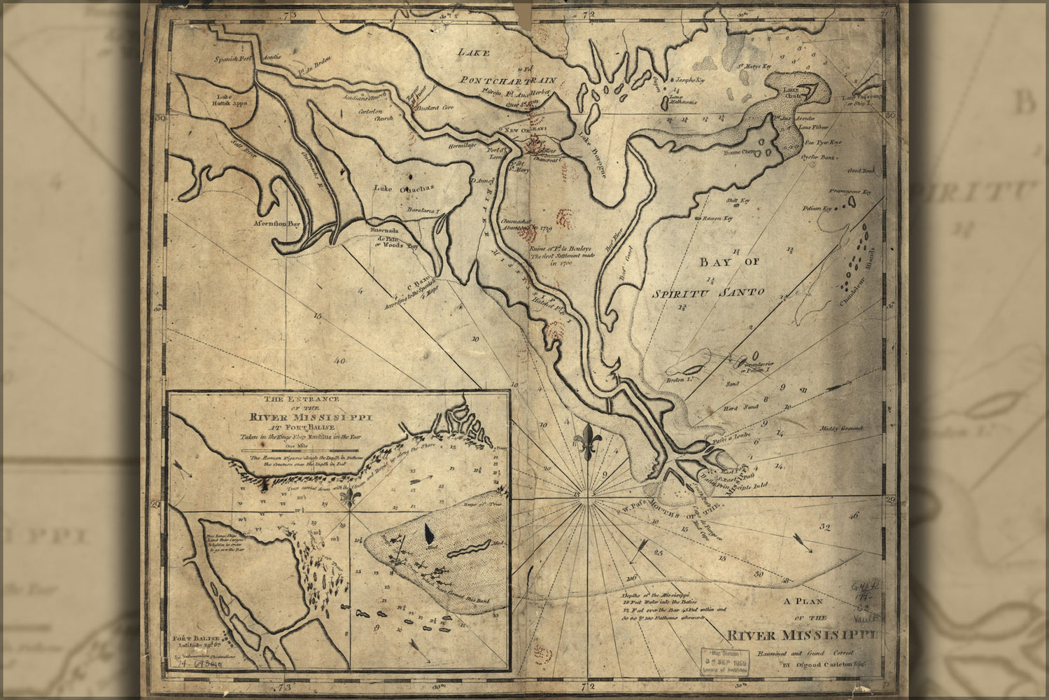 24"x36" Gallery Poster, map entrance river Missisippi at Fort Balise 1770