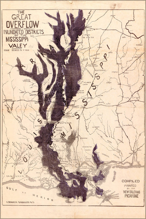 24"x36" Gallery Poster, map flooded areas Mississippi river valley 1874