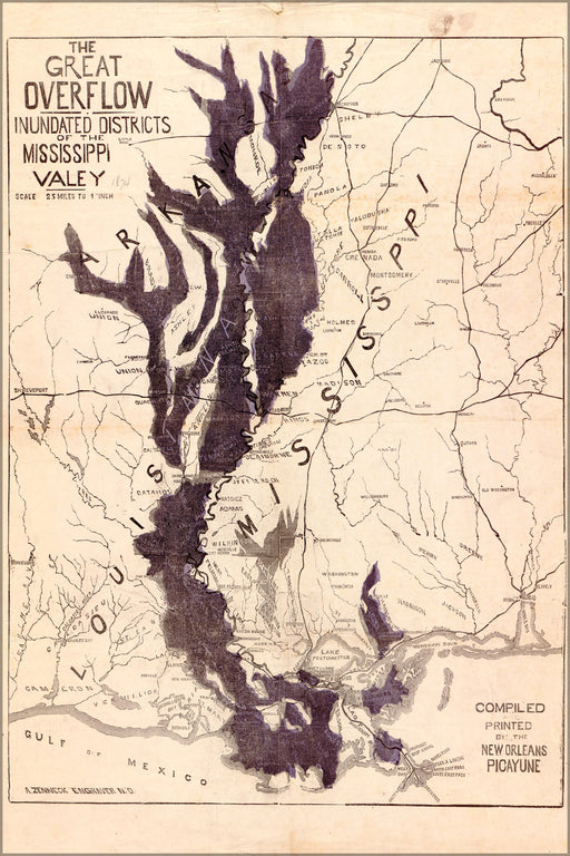 24"x36" Gallery Poster, map flooded areas Mississippi river valley 1874