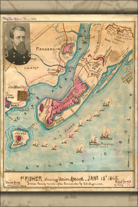 24"x36" Gallery Poster, map fort Fisher north carolina Union attack 1865