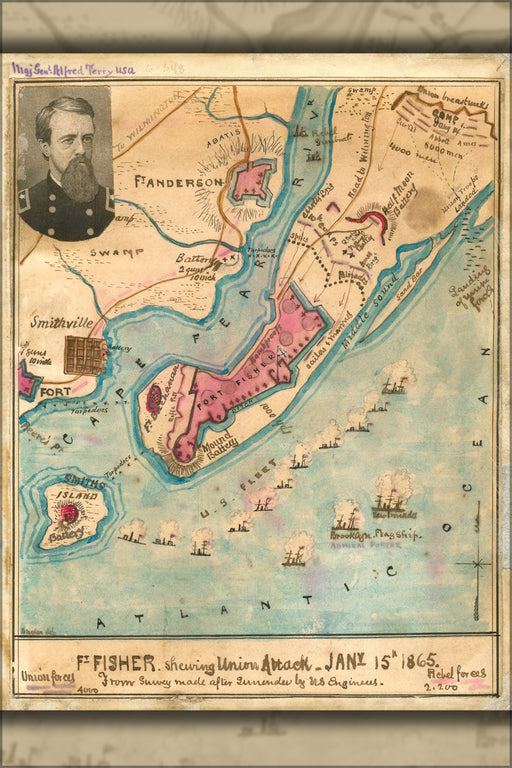 24"x36" Gallery Poster, map fort Fisher north carolina Union attack 1865