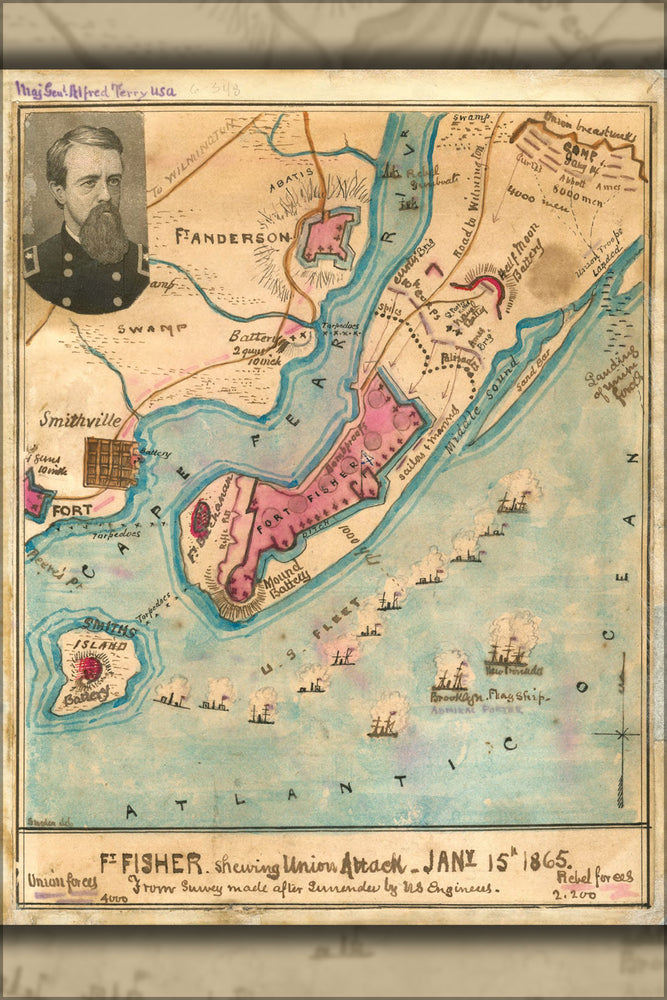 24"x36" Gallery Poster, map fort Fisher north carolina Union attack 1865