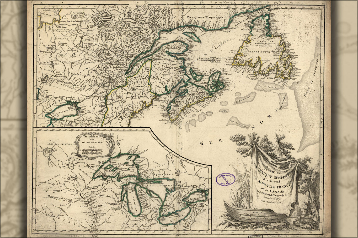 24"x36" Gallery Poster, map great lakes michigan canada 1763 in french