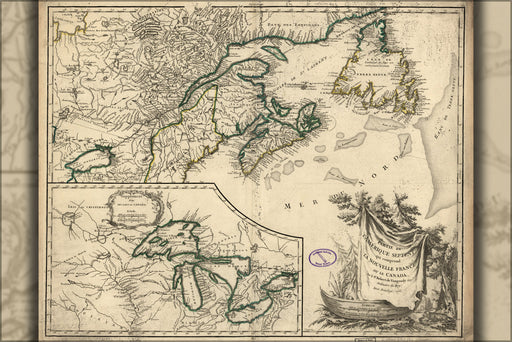 24"x36" Gallery Poster, map great lakes michigan canada 1763 in french