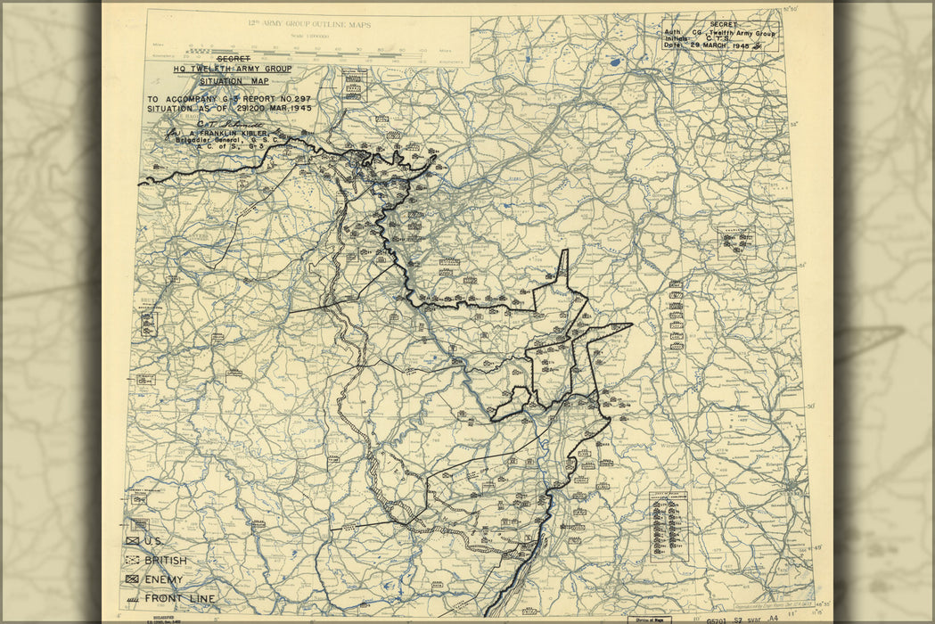 24"x36" Gallery Poster, map invasion of Germany March 29, 1945 12th army