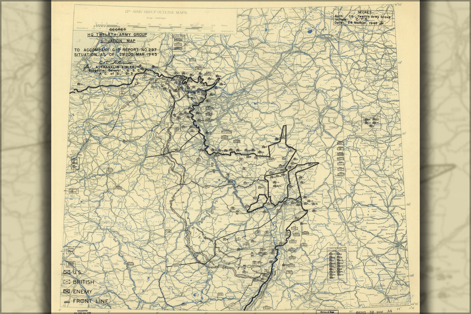 24"x36" Gallery Poster, map invasion of Germany March 29, 1945 12th army