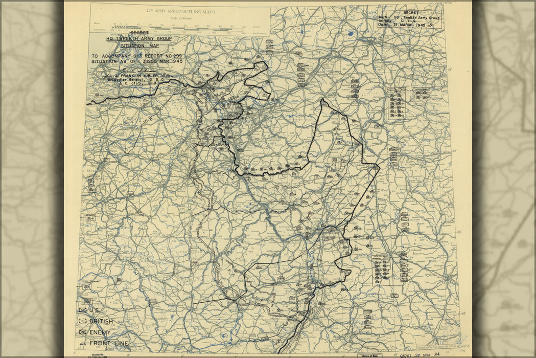 24"x36" Gallery Poster, map invasion of Germany March 31, 1945 12th army