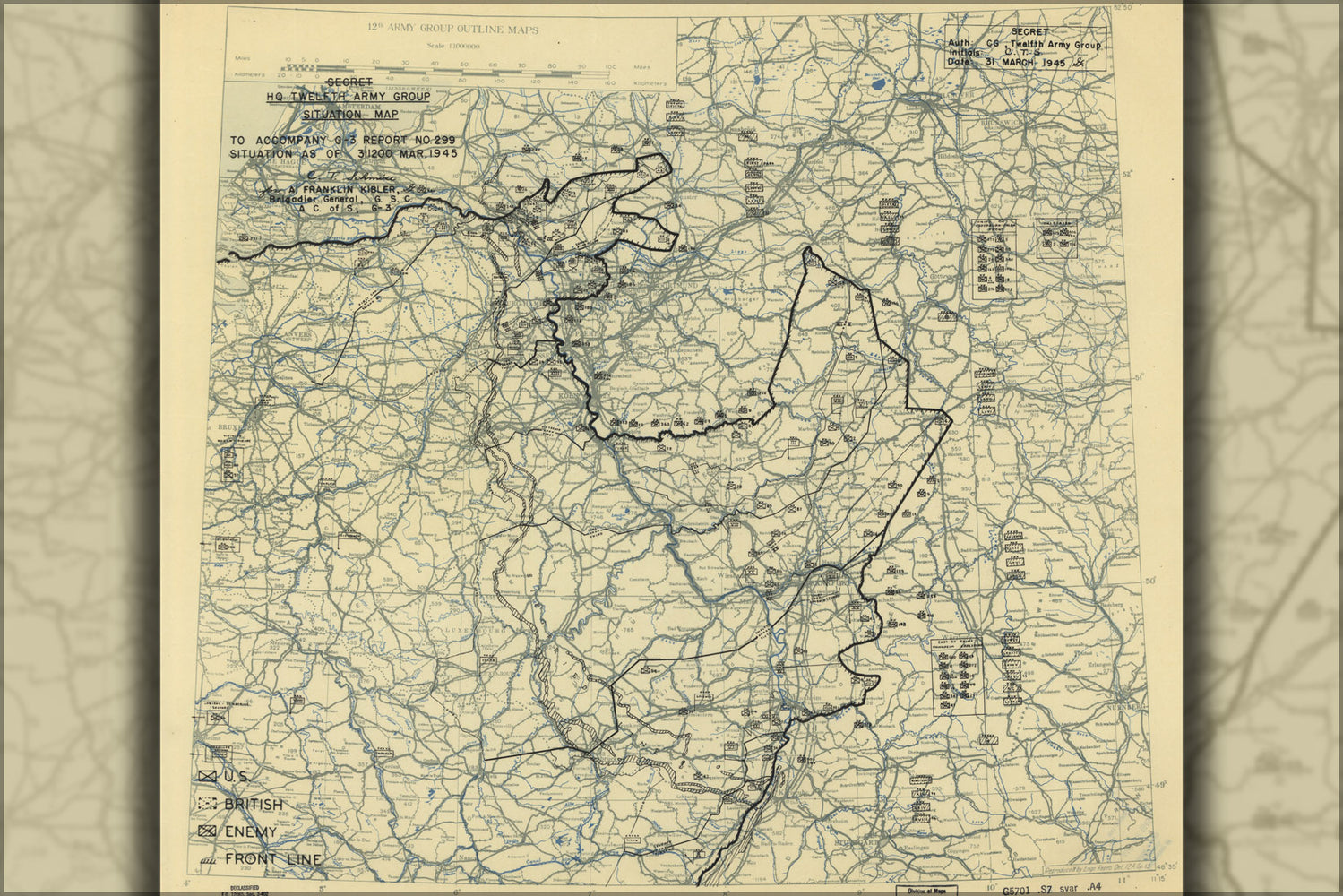 24"x36" Gallery Poster, map invasion of Germany March 31, 1945 12th army