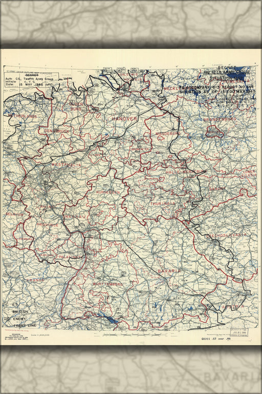 24"x36" Gallery Poster, map invasion of Germany May 15, 1945 12th army