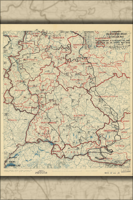 24"x36" Gallery Poster, map invasion of Germany May 31, 1945 12th army