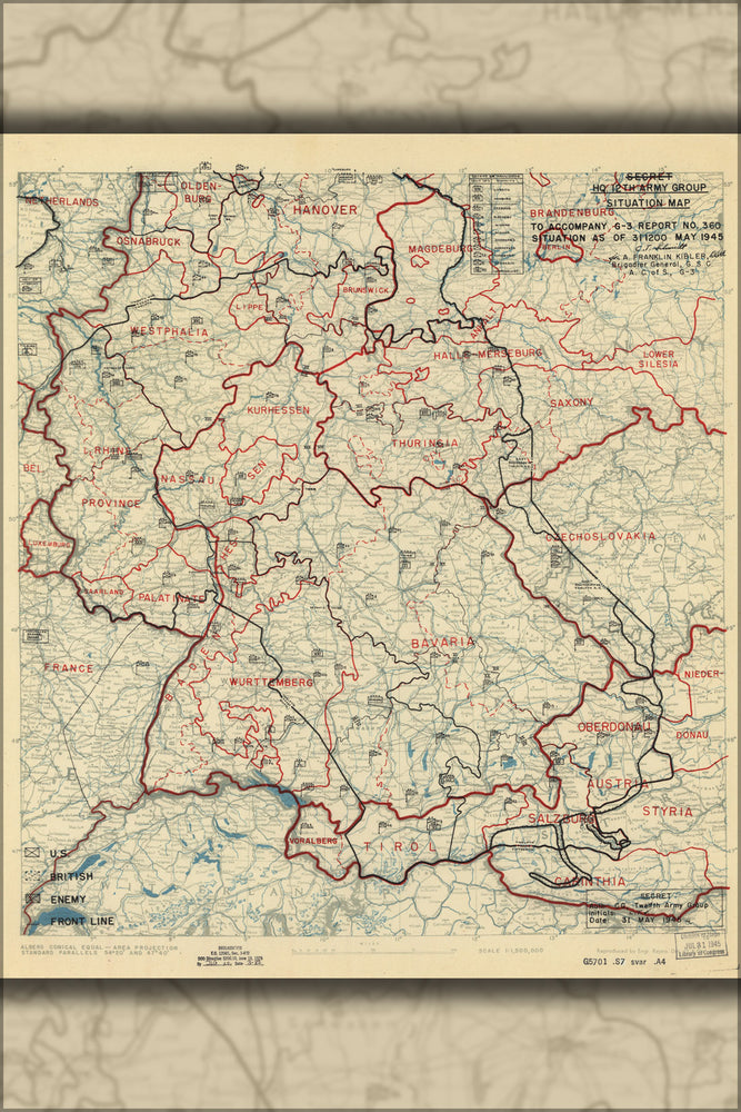 24"x36" Gallery Poster, map invasion of Germany May 31, 1945 12th army