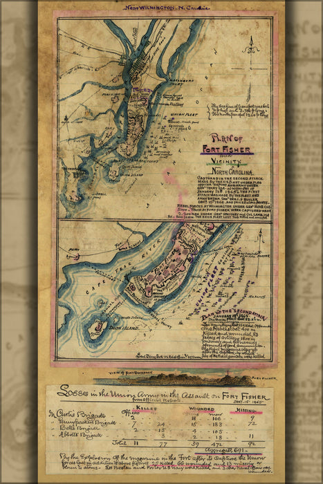 24"x36" Gallery Poster, map jan 1865 attack Fort Fisher North Carolina