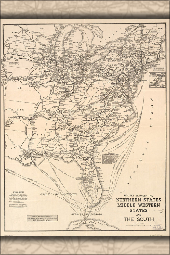 24"x36" Gallery Poster, map major automobile routes e united states 1911