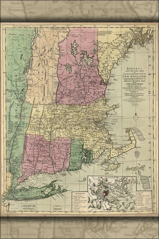 24"x36" Gallery Poster, map massachusetts connecticut rhode island 1780