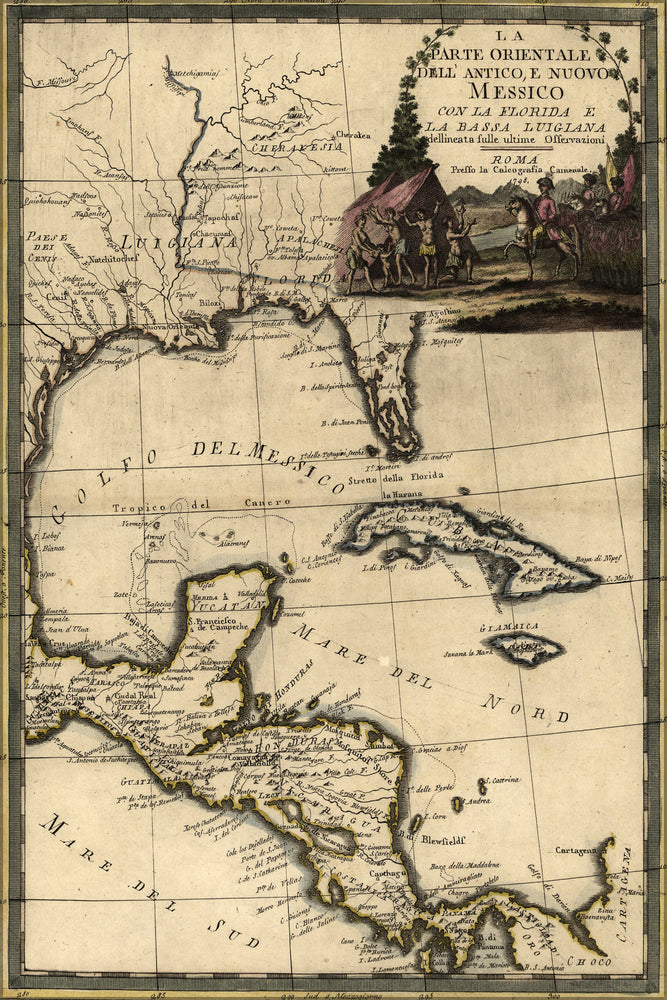 24"x36" Gallery Poster, map mexico cuba florida louisiana 1798 in italian