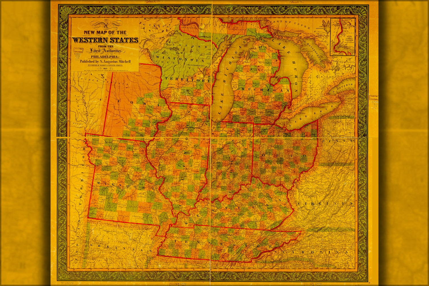 24"x36" Gallery Poster, map michigan indiana ohio illinois wisconsin 1845