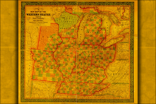 24"x36" Gallery Poster, map michigan indiana ohio illinois wisconsin 1845