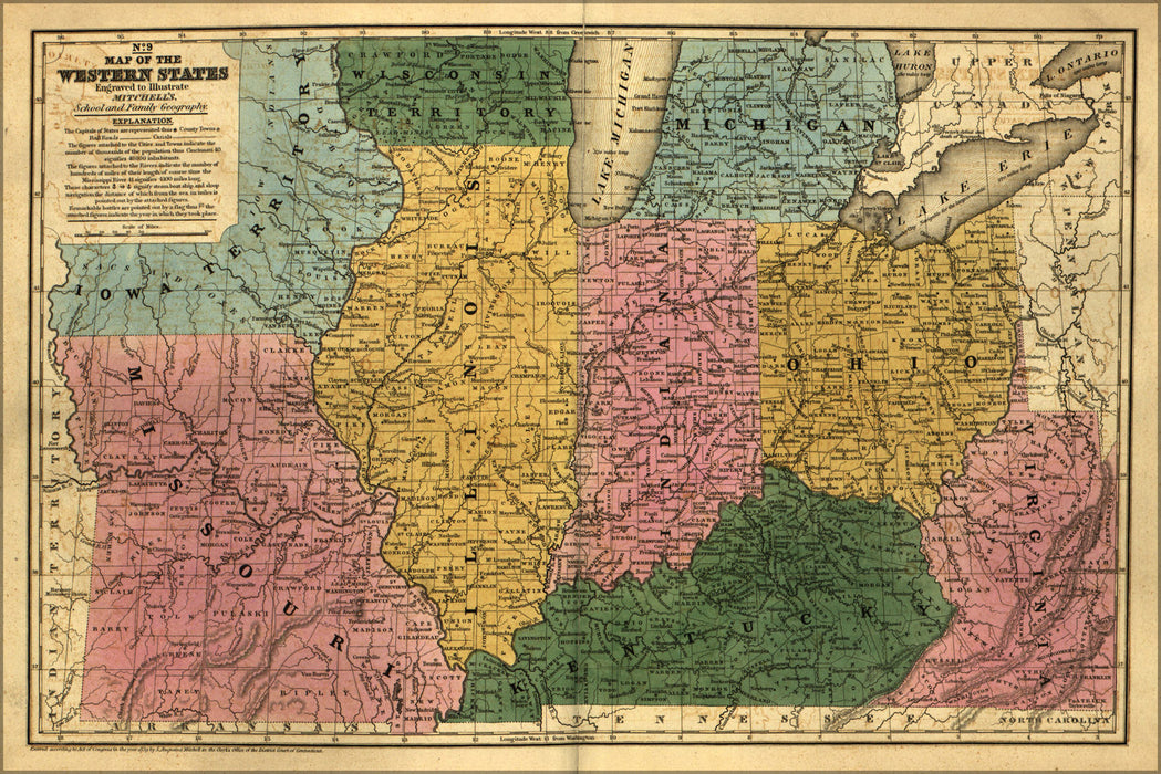 24"x36" Gallery Poster, map missouri illinois indiana ohio michigan 1839