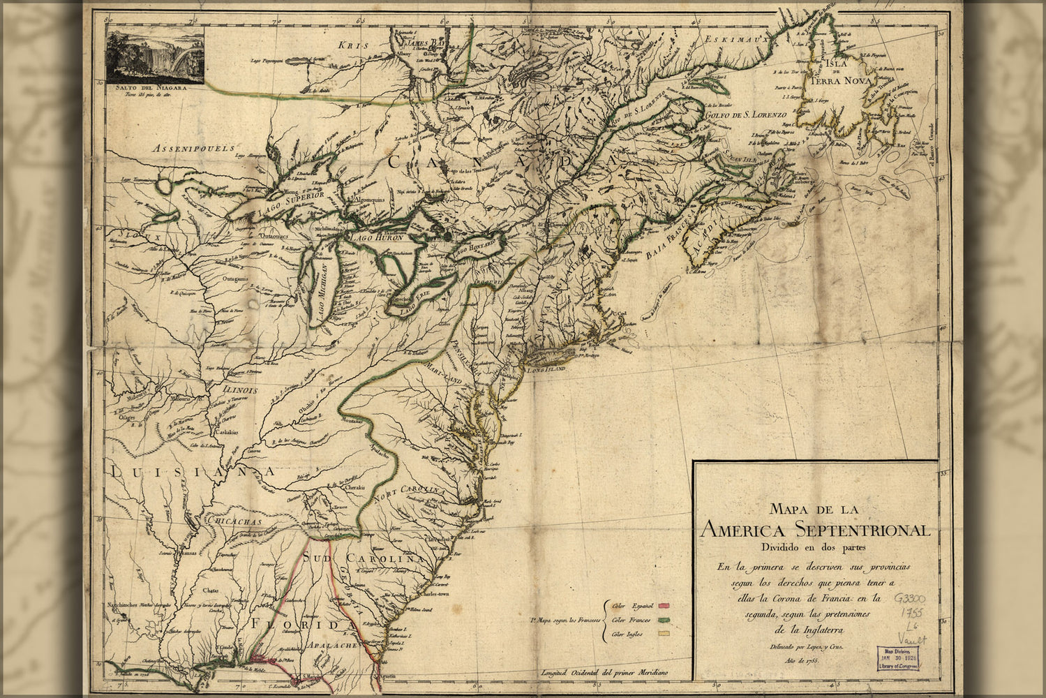 24"x36" Gallery Poster, map north america united states 1755 in spanish